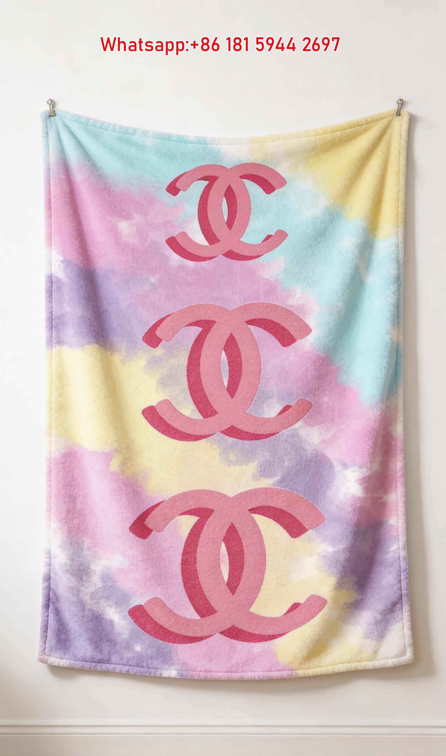 Chanel Luxury Flannel Sofa Throw - Pastel Tie-Dye & Stacked Pink 3D CC Logo Wall Decor Blanket IMG_7291
